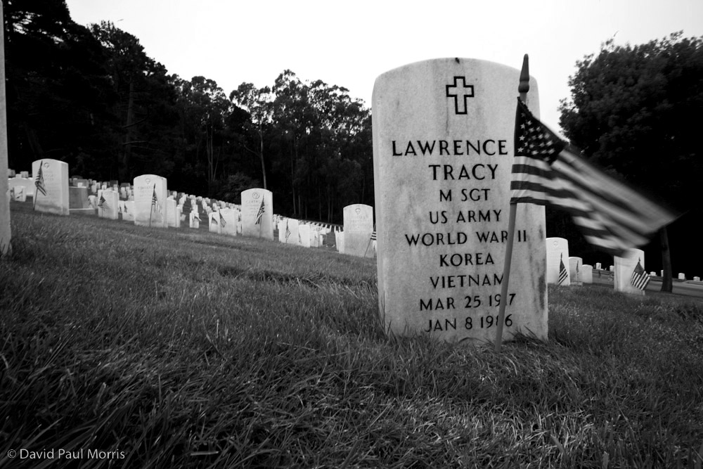 20090523DPM002_memorial.jpg The tombstone of Lawrence Tracy a veteran of World War II, the Korean War and Vietnam is seen at the San Francisco National Cemetery in the Presidio.