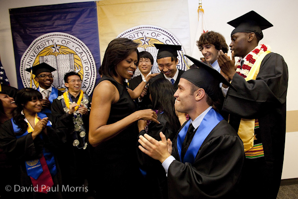 First Lady Michelle Obama meets with students prior to her commencement speech at the University of California, Merced 