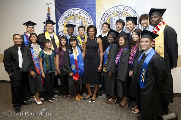 85974344DPM056 First Lady Michelle Obama poses for a photo with students prior to her commencement speech at the University of California, Merced