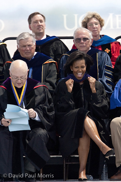 85974344DPM158 First Lady Michelle Obama gestures before making the commencement speech at the University of California, Merced